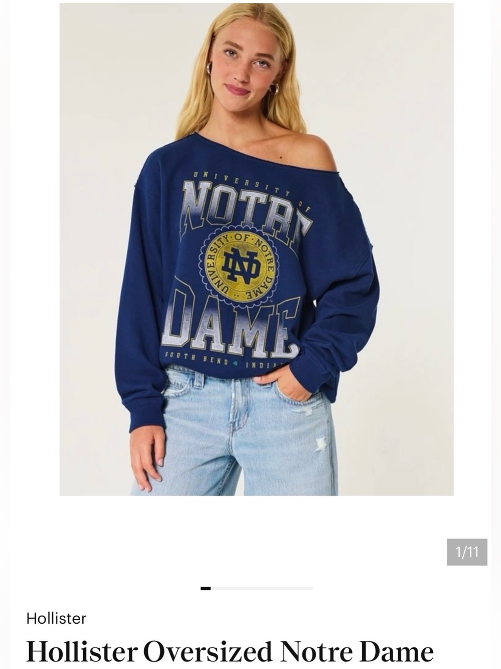 Hollister Blue 84 Off-the-Shoulder Navy Notre Dame Sweatshirt